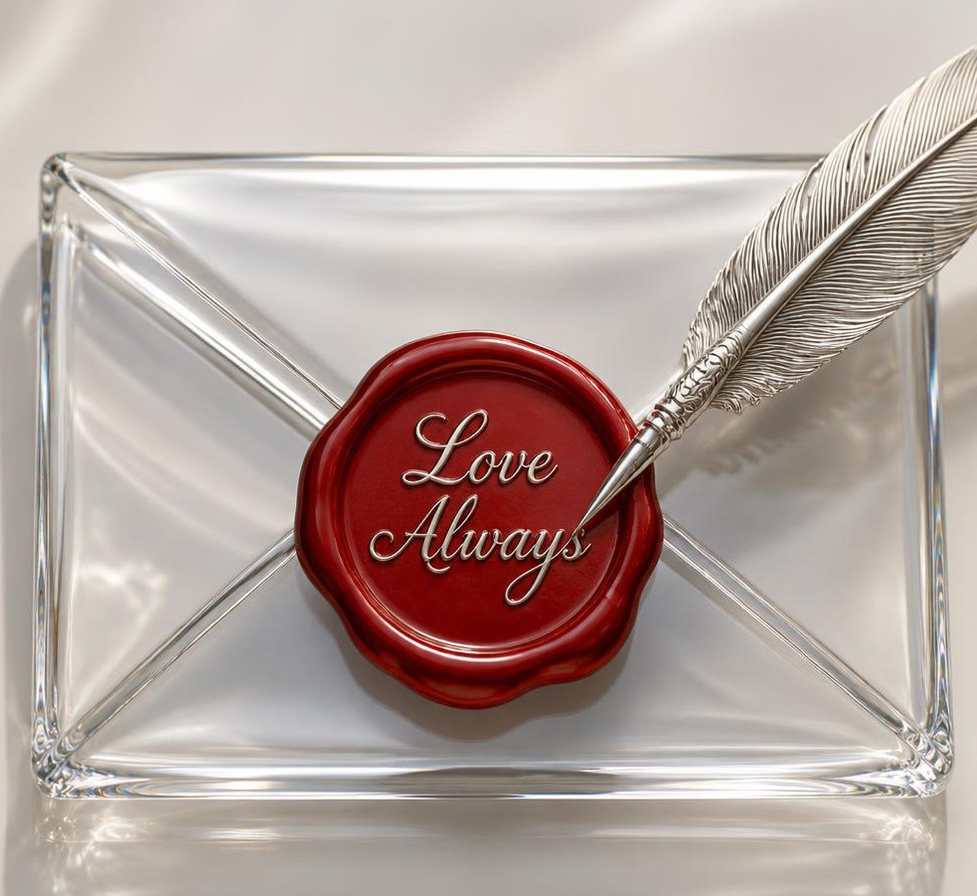A glass envelope, sealed with wax, a silver quill lying across it